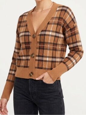 Marled Camel Plaid V-Neck Button Cardigan